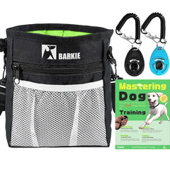 BARKIE Dog Treat Pouch and 2 Pet Training Clickers with Dog Positive Reinforcement Training Booklet (Black)